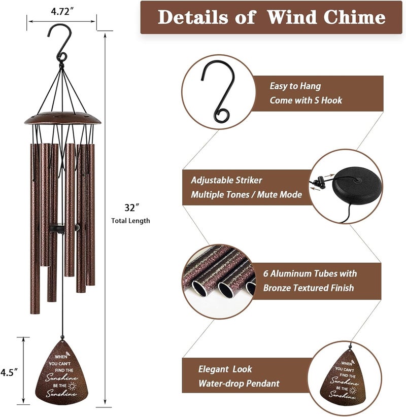 Soopau Get Well Gifts for Women Men, 32" Bronze Wind Chimes Inspirational Gifts for Women, Cheer Up Positive Sending You Sunshine Get Well Soon Gift Baskets - Image 4